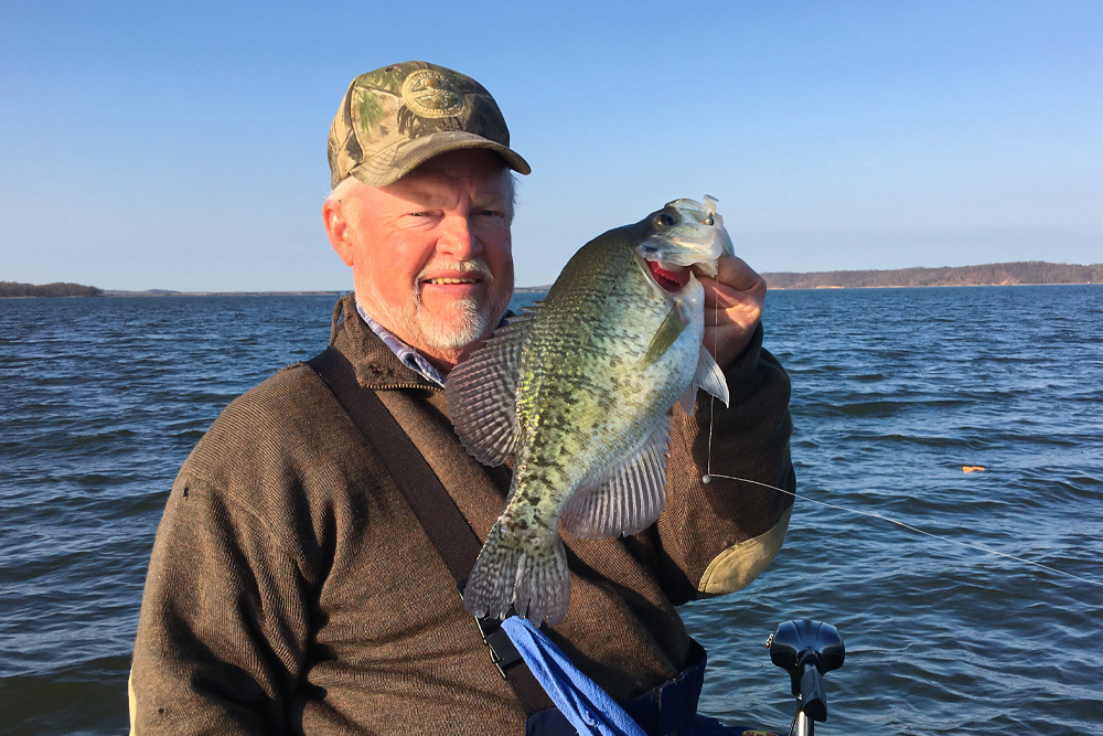 Crappie often school in cold weather and related closely to the deep sides of ledges where structure is located. Here you can see where author Steve McCadams has dropped a marker on a particular piece of structure.