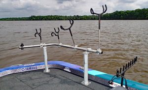 A Driftmaster corner rack can allow fishing out the side, angled 45-degrees out the back, or straight behind the boat. (Photo: Tim Huffman)