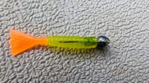 The Guppy Gobbler can be rigged Mermaid style with the tail flat as shown. Or turn it 90 degrees, where the tail is vertical, and fish the Guppy Gobbler minnow style (Photo: Terry Madewell)
