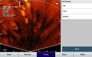 Garmin’s Perspective View radial grids allow an angler to see fish, cover or brush and know what range they are located. (Photo by Brad Wiegmann)