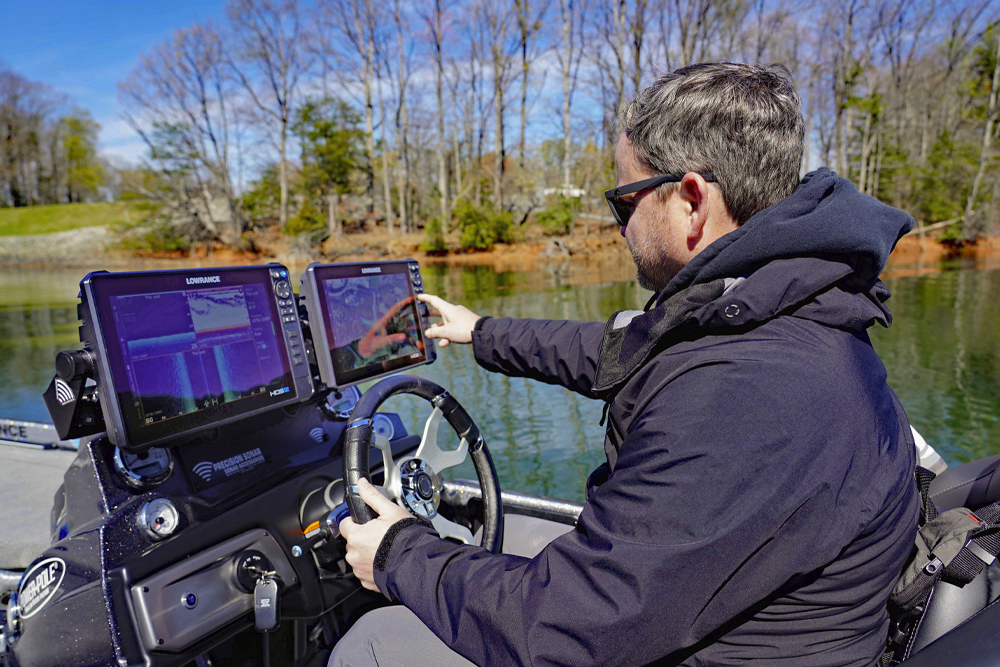 One advantage of a touchscreen fishfinder is being able to use it more easily when driving down the lake.