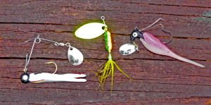 (l-r) A safety pin style spinning lure, an inline spinner and an underspin. (Photo: Ed Mashburn)