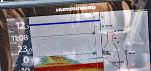 Ken Smith’s Humminbird screen is always split between mapping and traditional sonar view. (Photo: Darl Black)