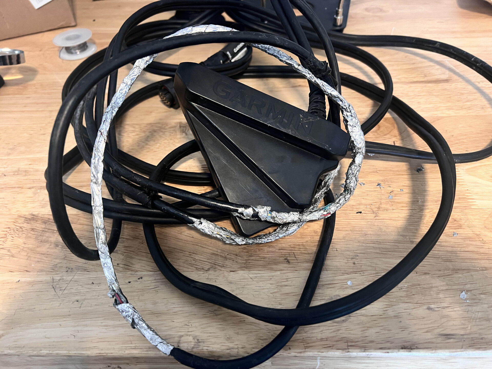 The protective covering is complete stripped from this Garmin transducer cable. (Photo courtesy Joey Cook)