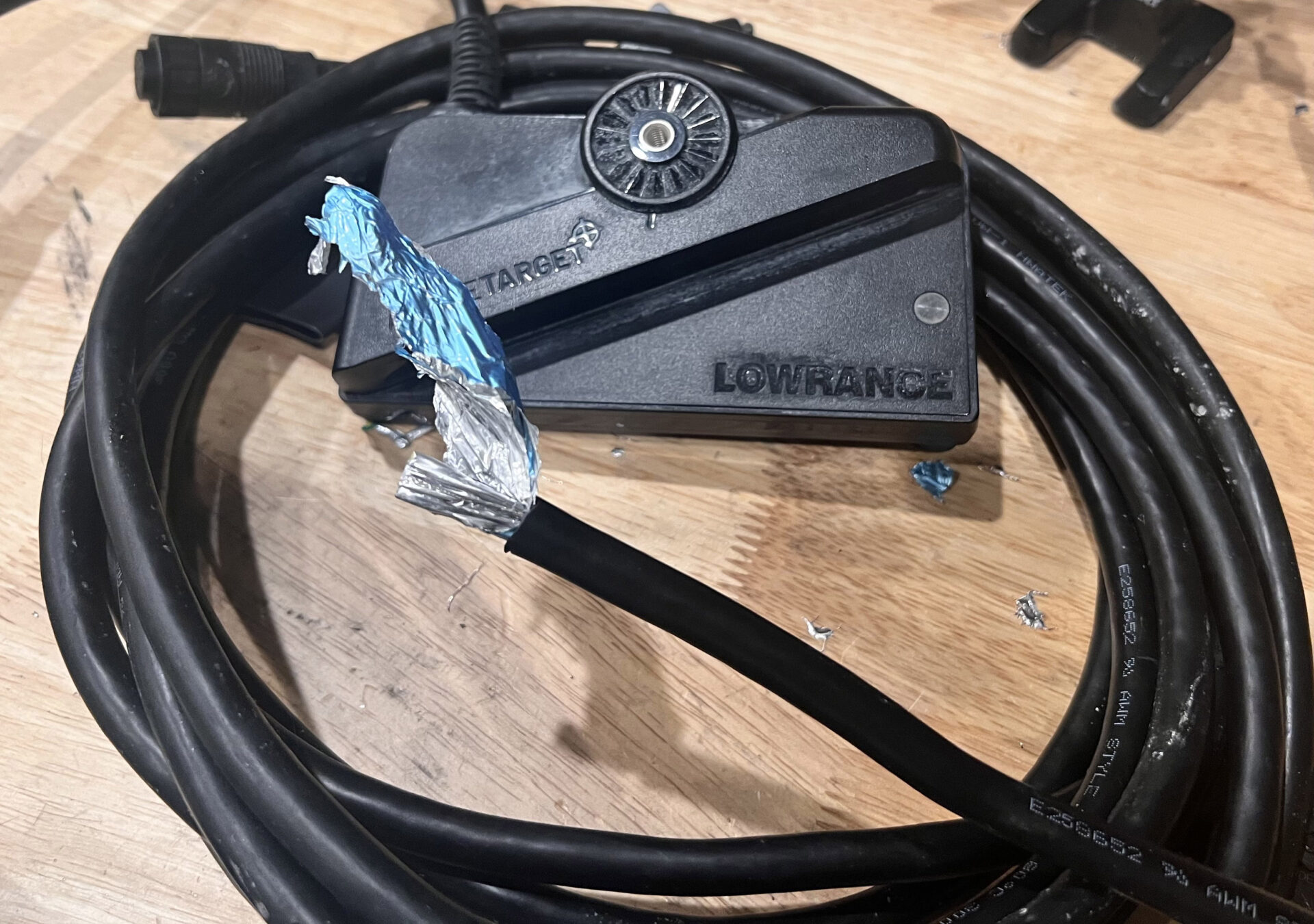 Lowrance Activetarget transducer with a cut cable. (Photo courtesy Joey Cook)