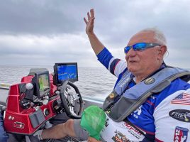 CrappieNOW Owner/Publisher Dan Dannenmueller is excited as he heads out for the first morning gathering crappie content on Barnett Reservoir. (Photo: Richard Simms)