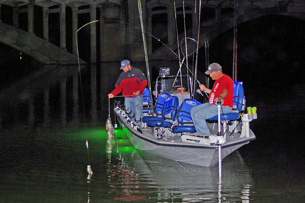 A variety of lights are made for use by night-fishing crappie anglers. The lights attract plankton, which in turn attract baitfish and crappie. A combination of floating and sinking models to illuminate a variety of depths often works best. (Photo: Keith Sutton)