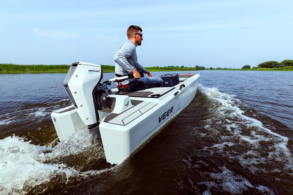 The newly-released Mecury Avator electric outboards are faster and more efficient than previously releases. They also integrate with a smartphone App that allows the operator a wide variety of functions, including the ability to easily monitor battery life and range. (Photo courtesy Mercury Marine)