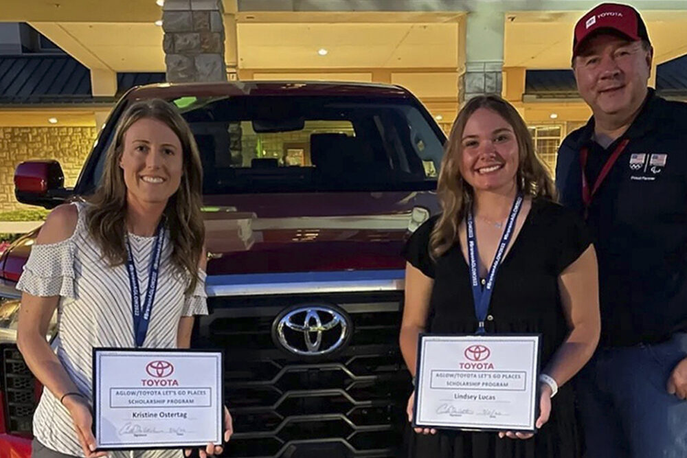 Lindsey Lucas (center) is pictured with another award recipient, Kristine Ostertag and Curt McAllister, National Outdoor Communications Manager for Toyota. Megan Postol (not pictured) was also an award recipient.