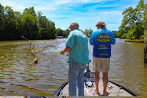 Professional public relations consultant Gary Dollahon (left) and fishing guide Lee Pitts ply the productive Alabama River for crappie at last week's CrappieNOW Writer's Camp hosted by the Elmore County (Alabama) Economic Development Authority. (Photo: Richard Simms)