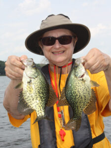 Using a Beetle Spin during high water conditions, Marilyn out fished me four to one.