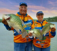 Team Crappie Mates, Sue and Dan Dannenmueller, display good slow-trolled Mississippi crappie. Dan believes the number of poles used, along with pole length, should be proportional to a fisherman’s experience at slow trolling.