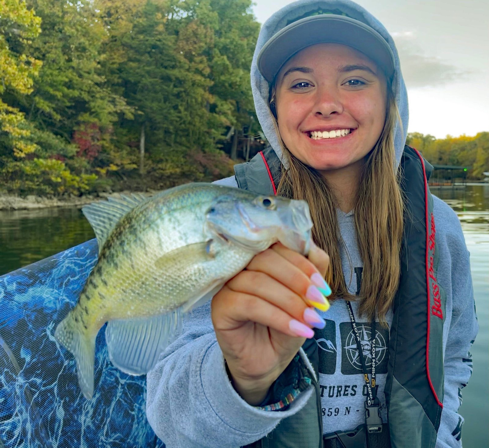 The day after homecoming Lindsey was sporting very pretty nails. But that didn’t stop her from spending a cold day on the water with her dad, hoping to win a nice paycheck.