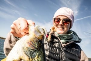 Professional angler David Walker says water dropping in the winter can consolidate crappie around remaining wood cover, docks or submerged vegetation. Double paddletail baits like the Micro GOAT can be rigged and fished slow and vertical or slightly faster like a swimbait.