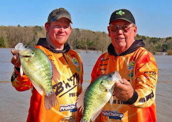 Grenada Lake gives up plenty of big fish each year. Travis and Charles Bunting show off two taken during a tournament. (Photo: Tim Huffman)