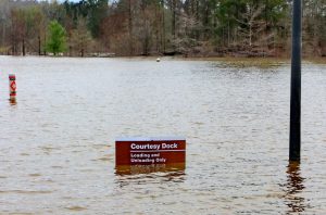 You know you are in trouble when the lower parking lot is flooded and signs are under water. However, it doesn’t mean you can’t catch fish if you use the right strategies.