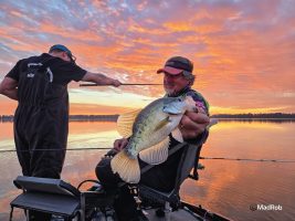 Sometimes, it’s easiest to pick up on a new technique of fishing first by observation. Here, Ronnie Capps gives Phillip Cox the rundown on fishing with a telescopic rod in deeper water at the Fall 2025 Brushpile Fishing Academy on Reelfoot Lake.
