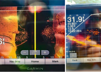 Side imaging sonar allows crappie anglers to search and find schools of crappie fast before dropping the trolling motor to fish. Whereas baitfish often appear as a “cloud,” crappie will also often be in tight bunches, but individual fish are still easily discerned. (Photo courtesy of Greg Robinson)