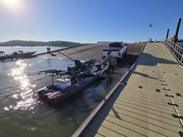 In order to launch his kayak catfishing rigs at the 2026 CrappieNOW CatfishNOW Media Camp on Sardis Lake, Josh Welch pulls up directly beside the courtesy dock and gives the ‘yak a gentle shove before walking it back to a safe tie-off location out of the way of other launching vessels.