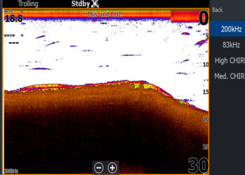 Traditional 2D sonar pings a single echo and is available in 200kHz or 83kHz. (Photo: Brad Wiegmann)