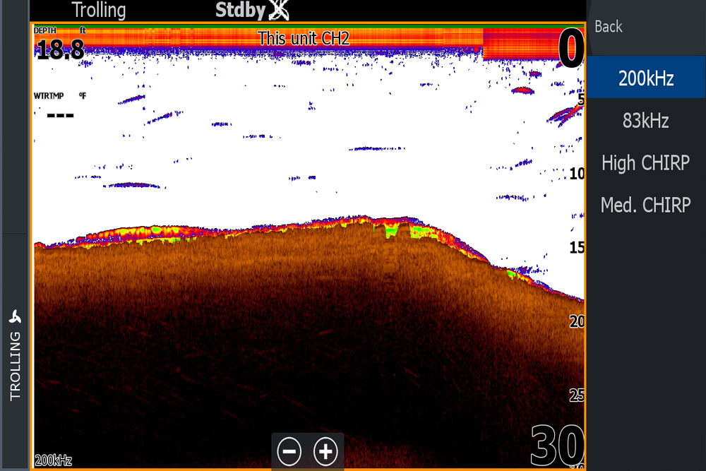Traditional 2D sonar pings a single echo and is available in 200kHz or 83kHz. (Photo: Brad Wiegmann)