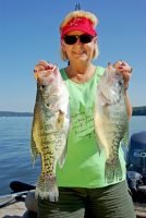 Anglers fishing Woods Reservoir sometimes catch crappie two at a time while slow-trolling with double-minnow or multiple-jig rigs.