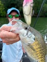 One of Capt. Lillie’s clients is understandably proud of a crappie that chose to eat the jig trailer rather than the trolled crankbait. (Photo: Capt. Scott Lillie)