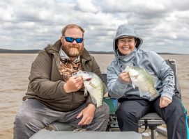 Fishing in tough conditions is when you make gains, and sometimes hats are sacrificial. After a lengthy chase using an 18-feet B’n’M Black Diamond rod, just as the wind picked up and they were just about to call it a day, Madalyn Roberts hooked into this healthy fish and then the wind made a play for Drew Scott’s hat as he made a quick maneuver to get the net. (Photo by Mary Scott)