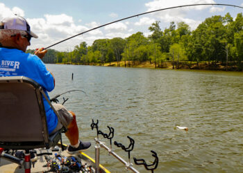 Dan Dannenmueller prefers the stretch of a monofilament or copolymer line. He says bait movements are better and the line is easy to manage. (Photo: Tim Huffman)