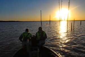 Grenada Lake was created in 1954 by damming the Yalobusha River. Large expanses of standing timber were left in the lake. The timber provides excellent crappie habitat but also means that newcomers to the lake need good mapping and should use precaution when navigating the new water. (Photo: Richard Simms)