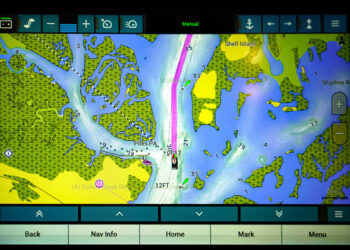 A tool bar running across the top of the screen allows anglers to quickly interface with the trolling motor or other devices in the boat. (Photo by Brad Wiegmann)