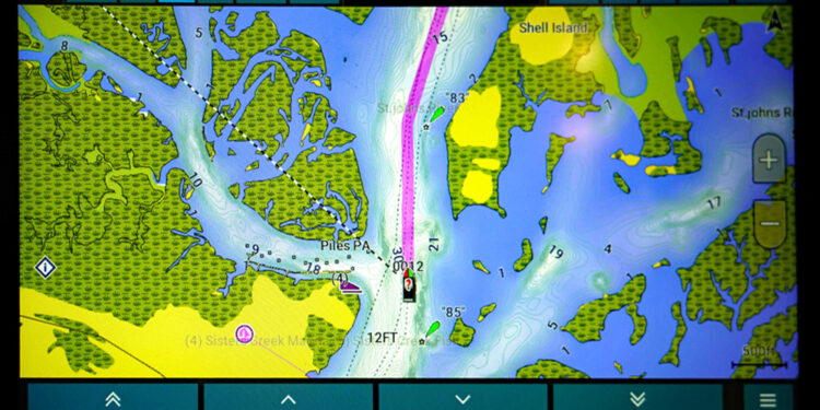 A tool bar running across the top of the screen allows anglers to quickly interface with the trolling motor or other devices in the boat. (Photo by Brad Wiegmann)