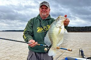 Multiple jigs, staggered rods and a full spread—Stephen Sullivan pulls baits to find September hotspots for slab crappie like this. (Photo courtesy Stephen Sullivan)