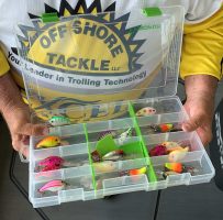 A good selection of crankbaits is essential for color choices and to replace lures lost when trolling. To avoid tangling lines, guide Doug Wynn will not stop once trolling begins. It’s easier just to lose the bait and keep going rather than stop, which would tangle lines.