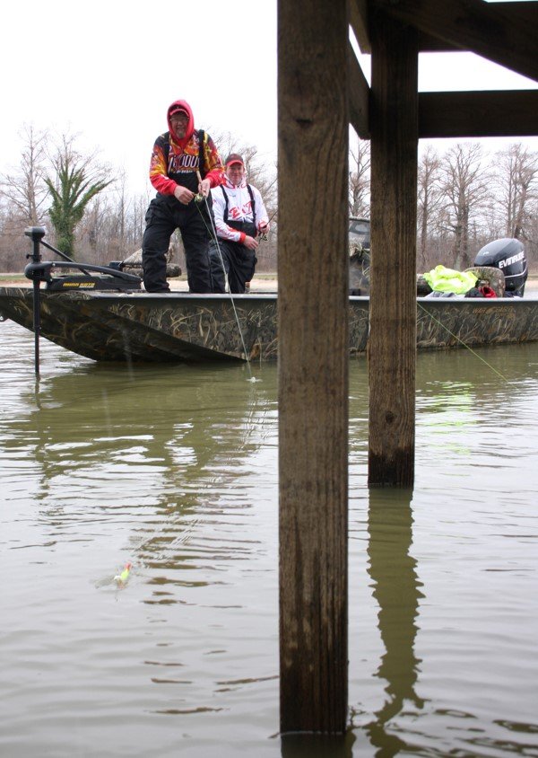 When a lake is pulled down a few feet during the winter, it’s easier to get a bait under a piling dock.