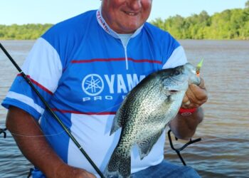 Dannenmueller with a good crappie taken from a submerged brush. Mixing the right area + contour change + cover = crappie.