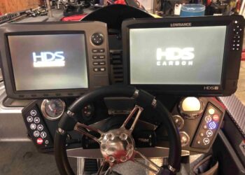 Tim Blackley’s boat console features two Lowrance units--one devoted strictly for side imaging and the other with split screens showing electronic mapping, down scanning and 2D sonar. (Photo by Tim Blackley)