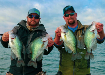 Joseph Dennis and Matt Outlaw with some slab crappie caught in Lake Moultrie, spider-rigging 20 feet deep