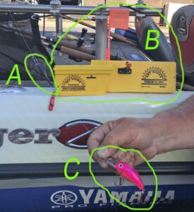 Three key ingredients for Dannenmueller’s technique is: (A) Tadpole sinker, (B) planer boards, (C) crankbaits. (Photo: Tim Huffman)