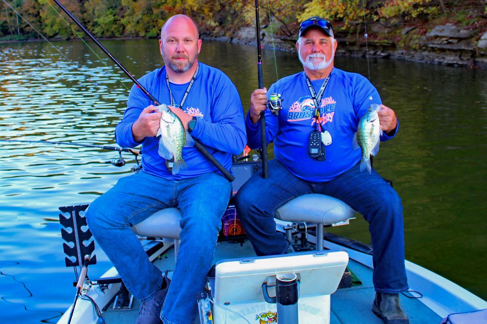 Steve Jeffers (right) fishing with Allen Reed in Kentucky. The fall colors indicate one of the prime times to pinpoint crappie in shallow water. Fish can be caught year-round, but fall and spring are the best times for the approach.